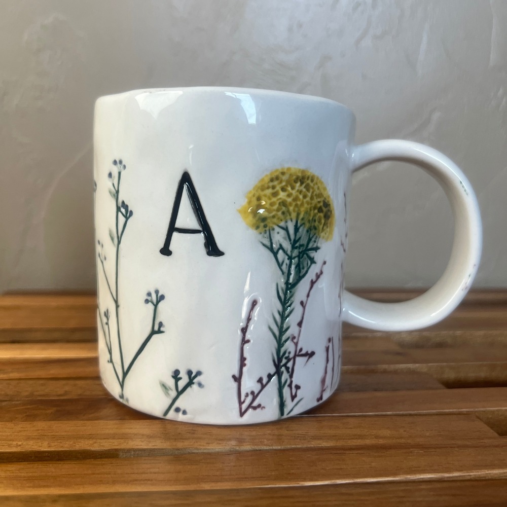 Anthropologie Monogram Initial A Wildflower Floral Ceramic Coffee Mug White